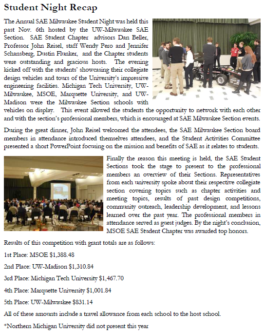 SAE Milwaukee Section Student Night 2014 Review