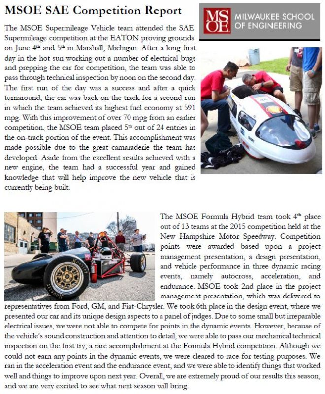 MSOE SAE Competition Report – August 2015